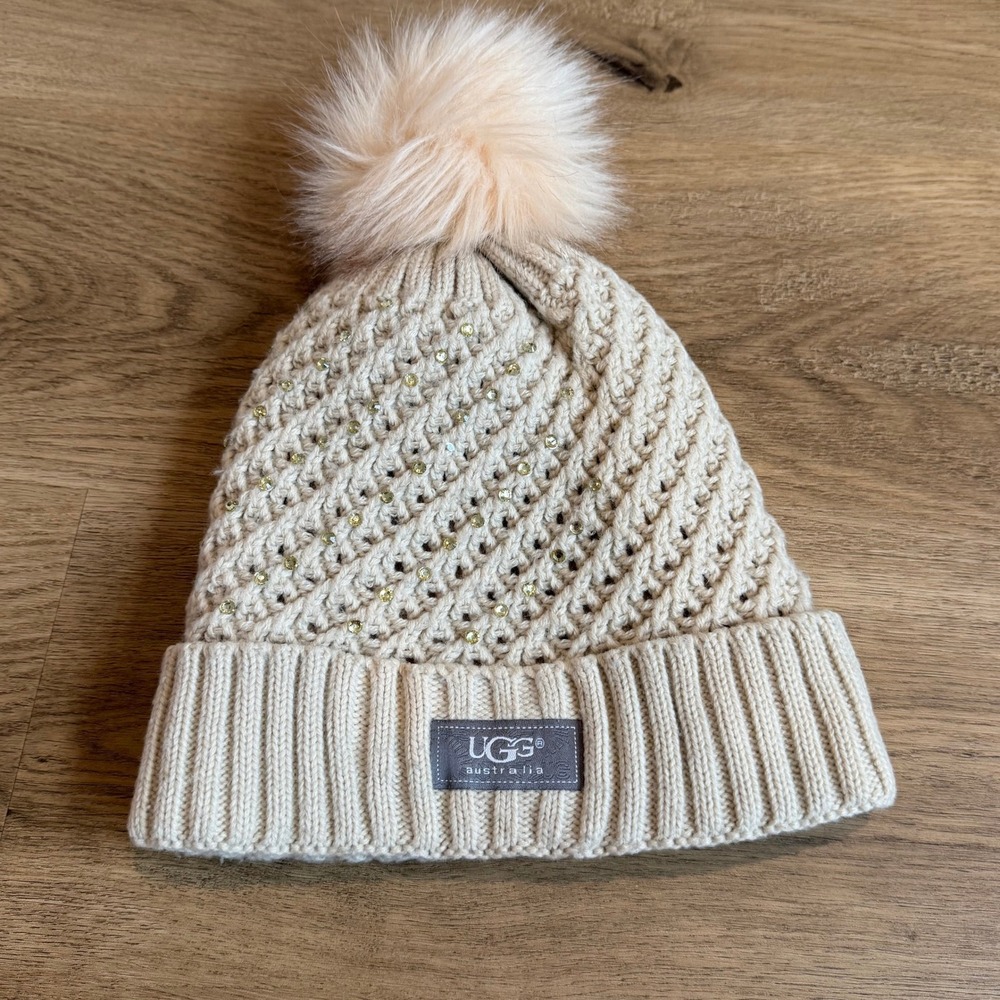 UGG Australia Women Beige Knit Pom Pom Beanie Rhinestone Crystal Hat